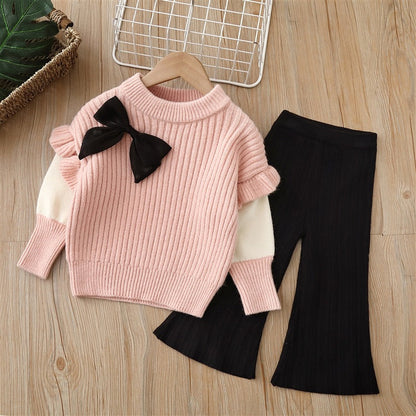 Baby Solid Color Bow Patched Sweater With Pants Sets-0