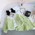 Girls Solid Green Ruffle Lace Neck Pockets Cardigan&Skirt Casual Sets-0