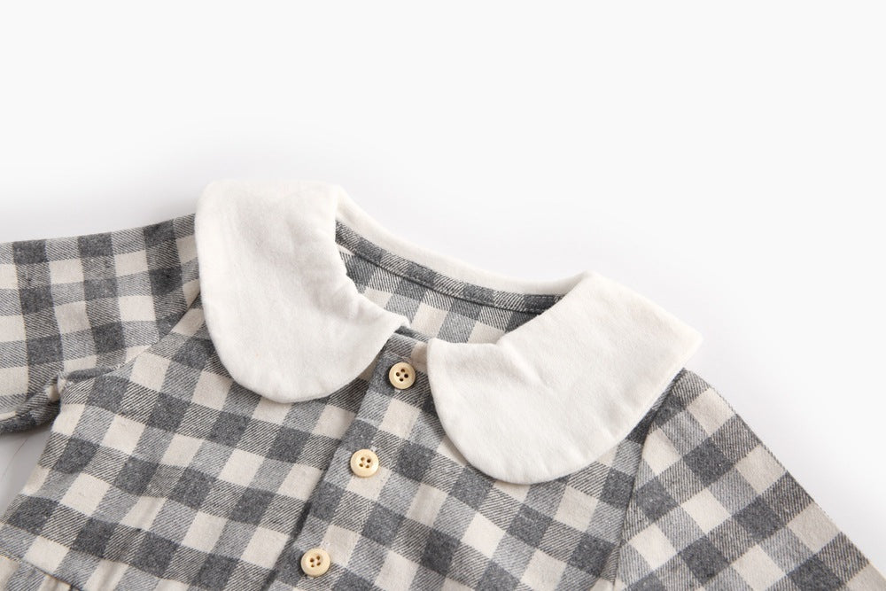 Baby Girl Plaid Pattern Doll Collar Design Long Sleeve Onesies With Buttons-10