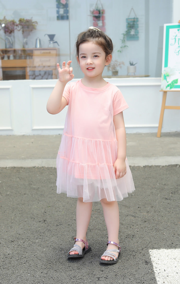 Girl Solid Mesh Pattern Short Sleeve Round Collar Dress In Summer-10