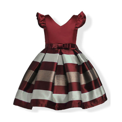 Baby Girl Striped Pattern V-Neck Western Style Formal Dress-0