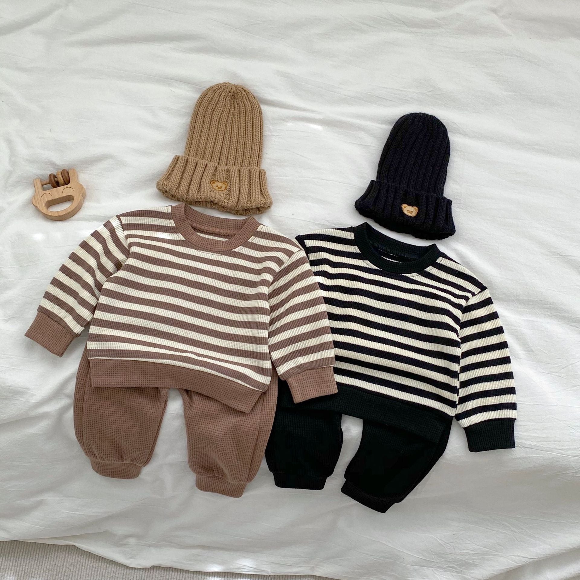 Baby Striped Pattern Waffle Fabric Hoodies Combo Pants Sets-0