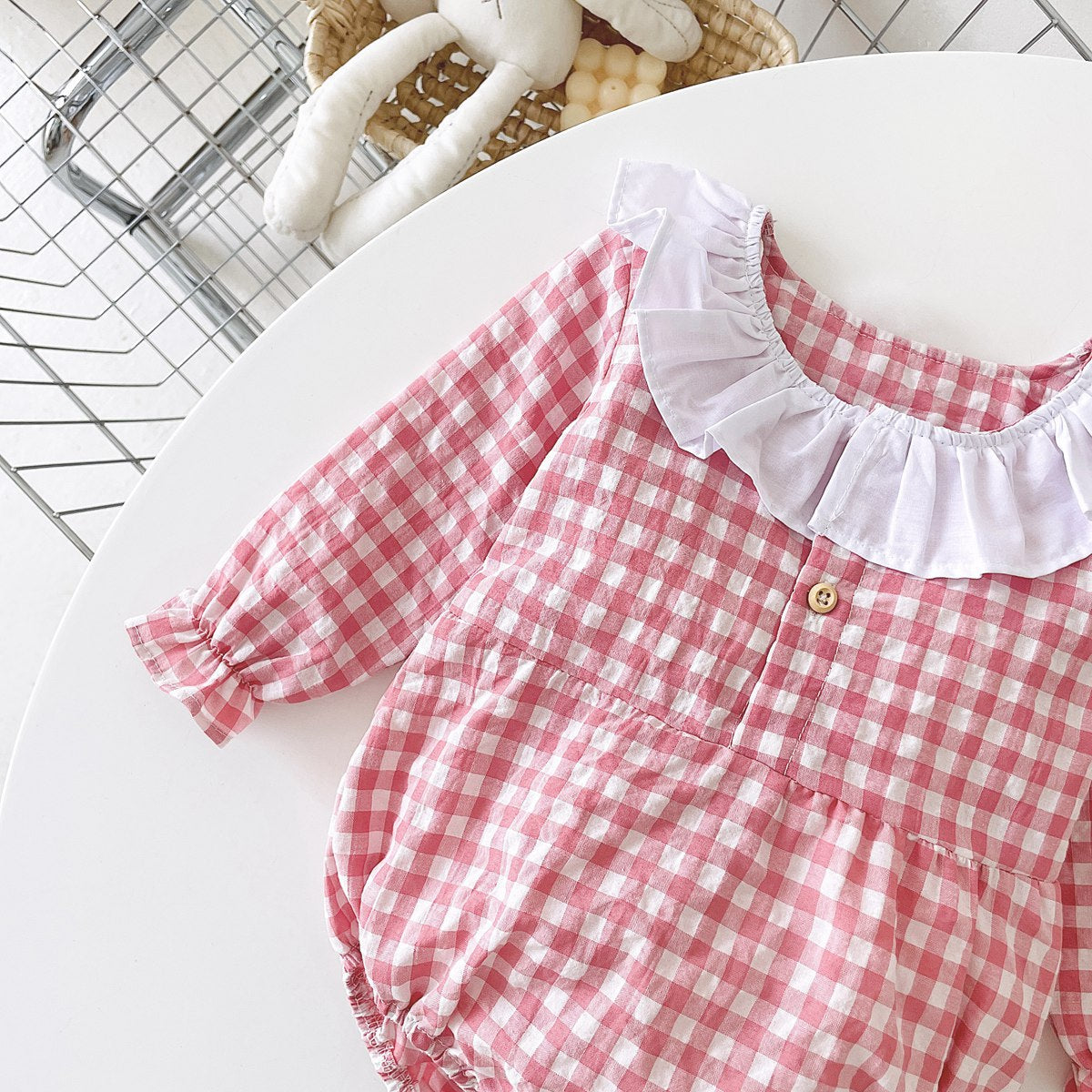 Baby Girl Plaid Pattern Ruffle Neck Design Triangle Sweet Onesies-9