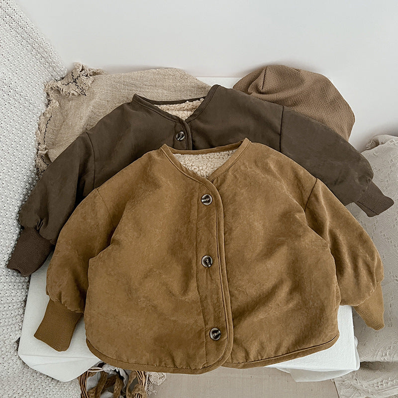 Baby Boy And Girl Vintage Style Lambswool Padded Thickened Jacket-9