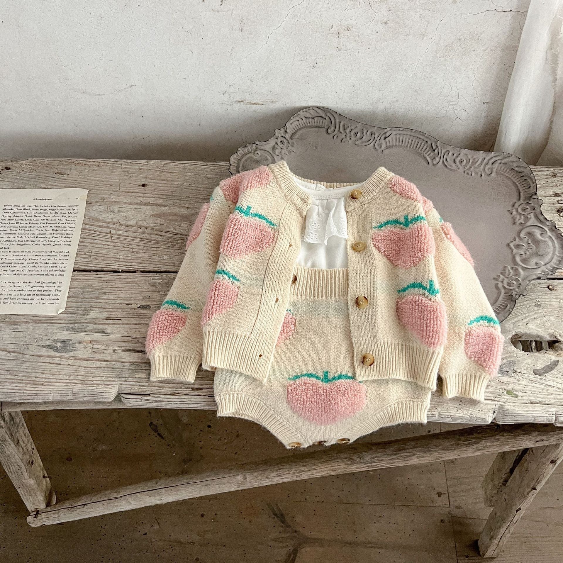 New Arrival Baby Girl Peach Embroidery Cardigan Combo Overalls In Sets-11