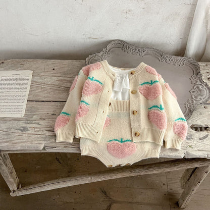 New Arrival Baby Girl Peach Embroidery Cardigan Combo Overalls In Sets-11