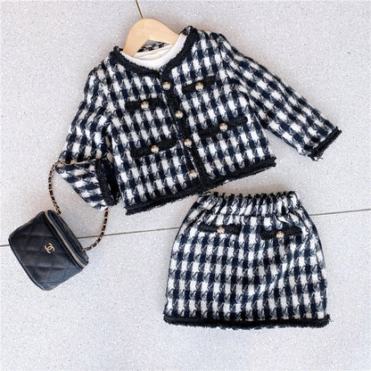 Girls Houndstooth Pattern Single Breasted Cardigan&amp;Skirt Elegant Style Sets-0