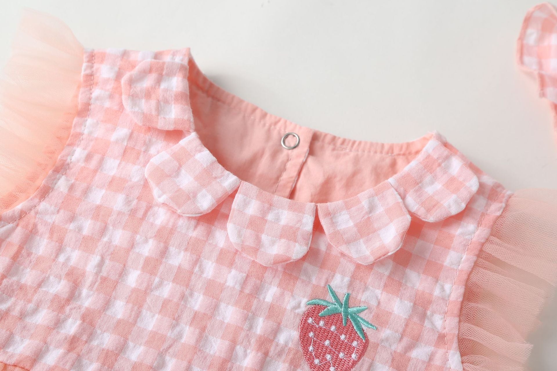 Baby Girl 1pcs Plaid Graphic Strawberry Embroidery Mesh Overlay Floral Neck Dress-10