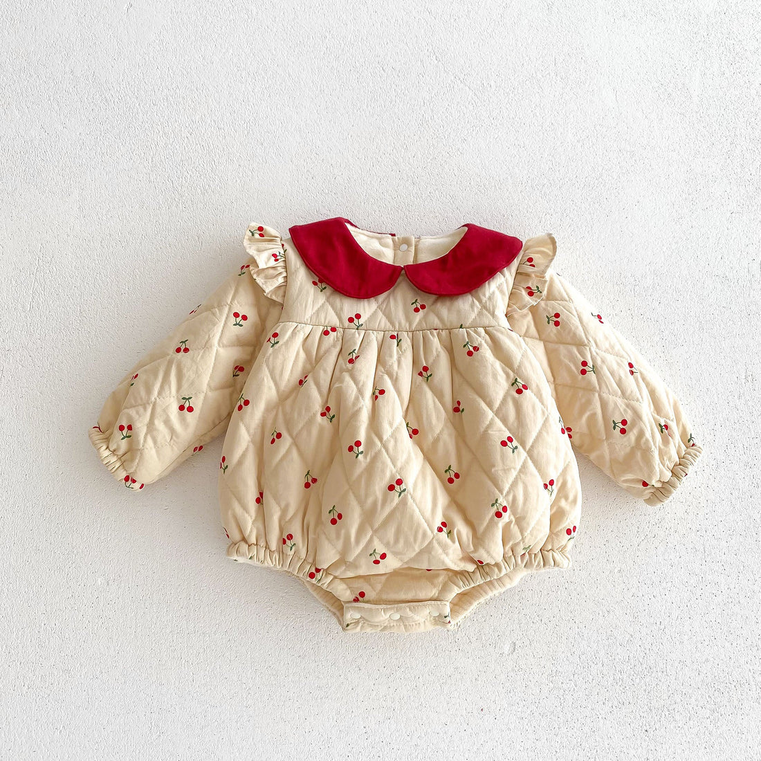 Newborn Baby Girls Cherry Pattern Long Sleeves Peter Pan Collar Cotton-Padded Onesie-1