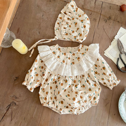 Baby Girl Ditsy Flower Pattern Lace Decoration Long Sleeves Bodysuit-0