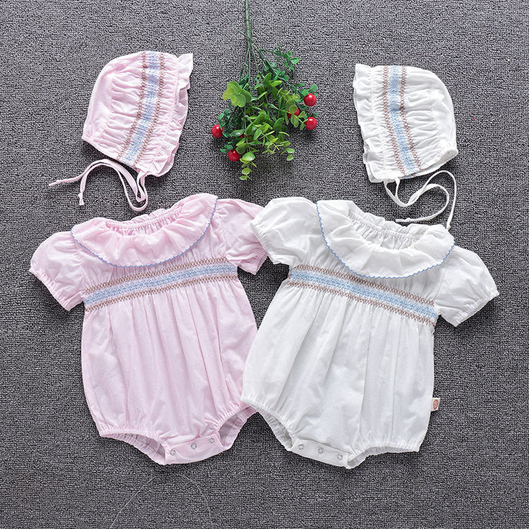 Baby Girl Embroidery Pattern Ruffle Collar Design Bubble Short-Sleeved Onesies With Hat-0