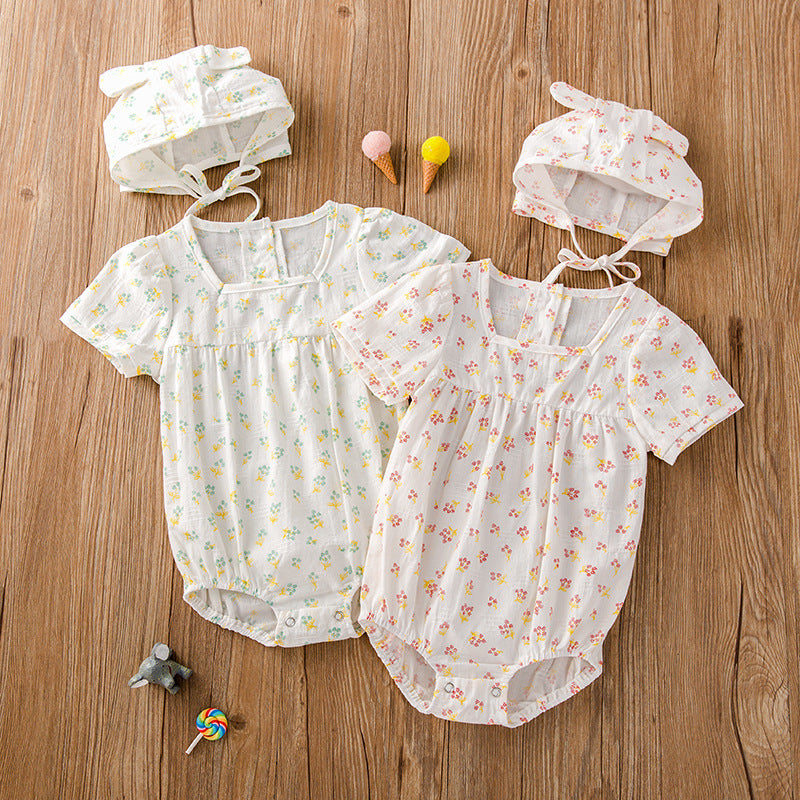 Baby Girl Floral Print Square Collar Onesies With Hat-0