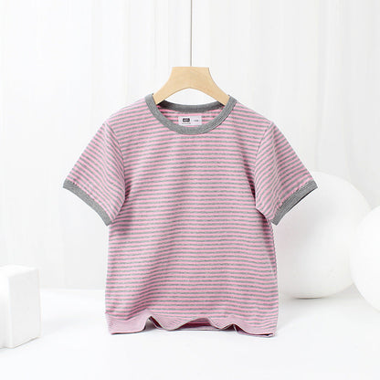 Baby Striped Pattern Crewneck Short Sleeve Cotton T-Shirt-9