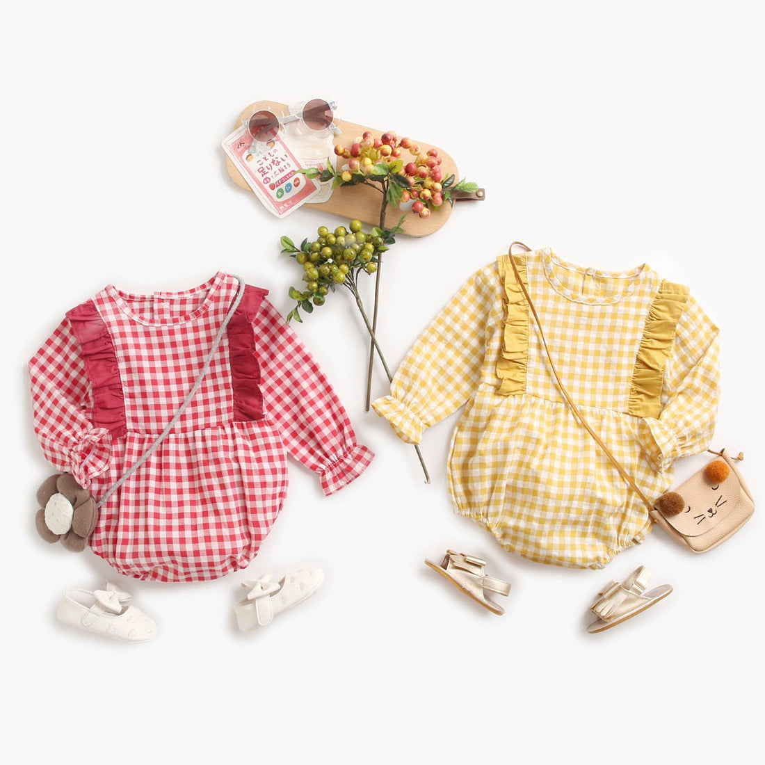 Baby Girl 1pcs Plaid Pattern Ruffle Design Puff Sleeve Bodysuit-0