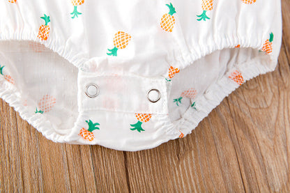 Baby Girl Fruit Print Drawstring Design Round Neck Onesies-10