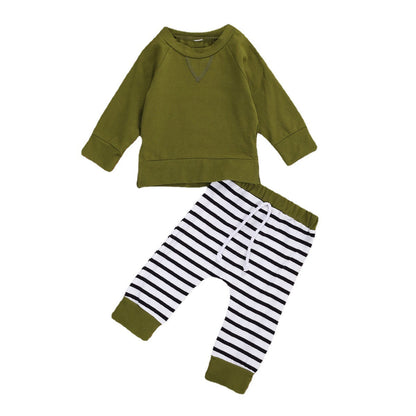 Baby Boy 1pcs Solid Color Hoodie Combo Striped Pattern Trousers Sets-9