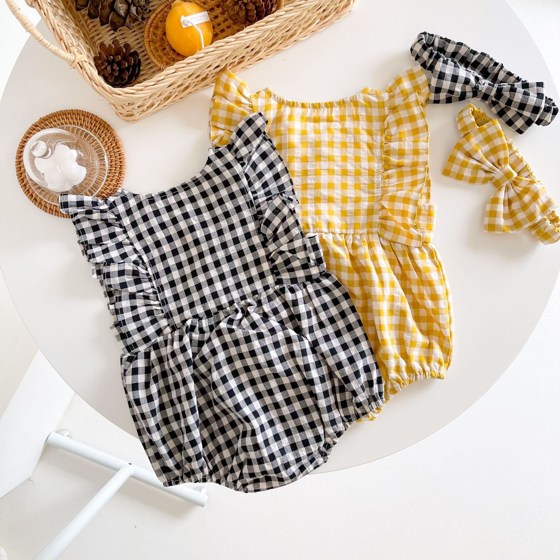 Baby Girl Sleeveless Grid Round Collar Onesies-9