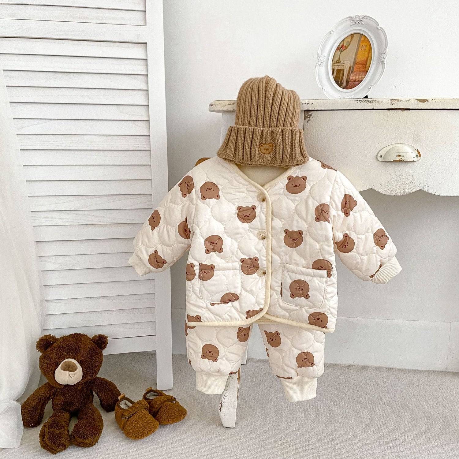 New Winter Baby Unisex Cute Little Bear Head Thick Warm Long Sleeve Top Combo Pant Two Pieces Sets-0