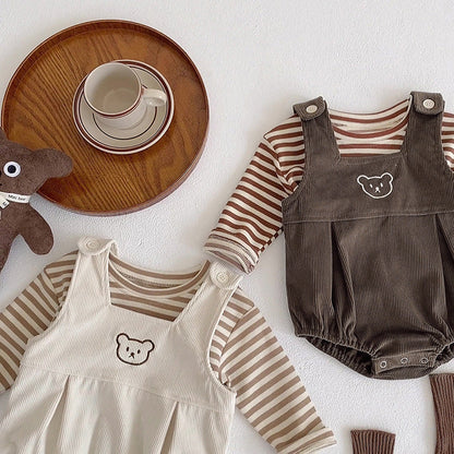 Baby Striped Shirt Combo Corduroy Fabric Cartoon Bear Embroidered Vest Bodysuit 2 Pieces Sets-10