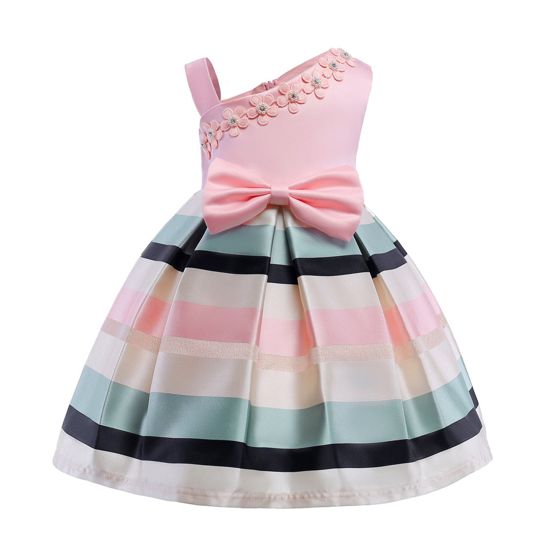 Baby Girl Floral Patched Pattern Striped Tutu Princess Dress One Shoulder Dress-0