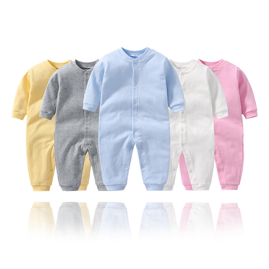 Baby Solid Color Single Breasted Design Long Sleeve Spring Rompers-0