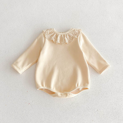 Newborn Baby Girls Crew Neck Lace Collar Long Sleeves Solid Beige Thick Warm Onesie-9