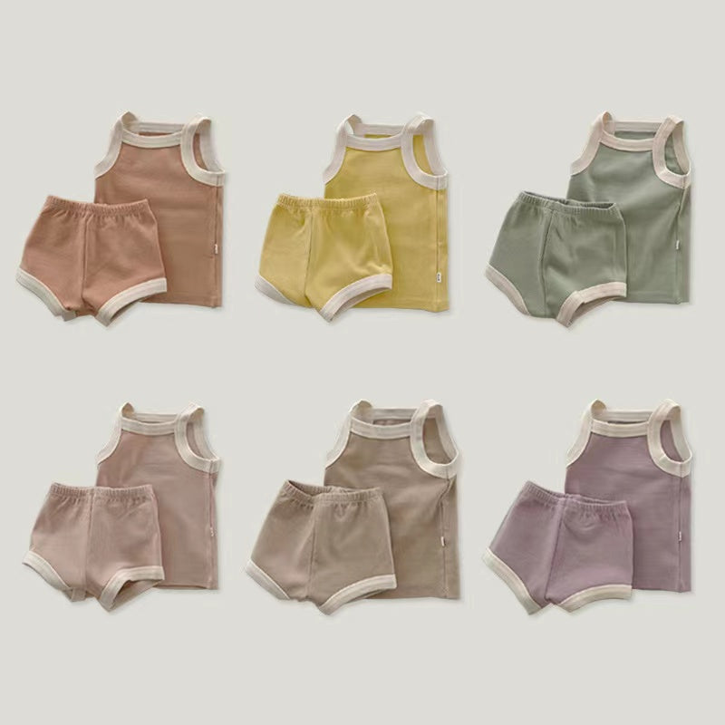 Baby Girl Solid Color Thin Style Pure Cotton Vest Combo Shorts 2 Pieces Sets Home Clothes-0