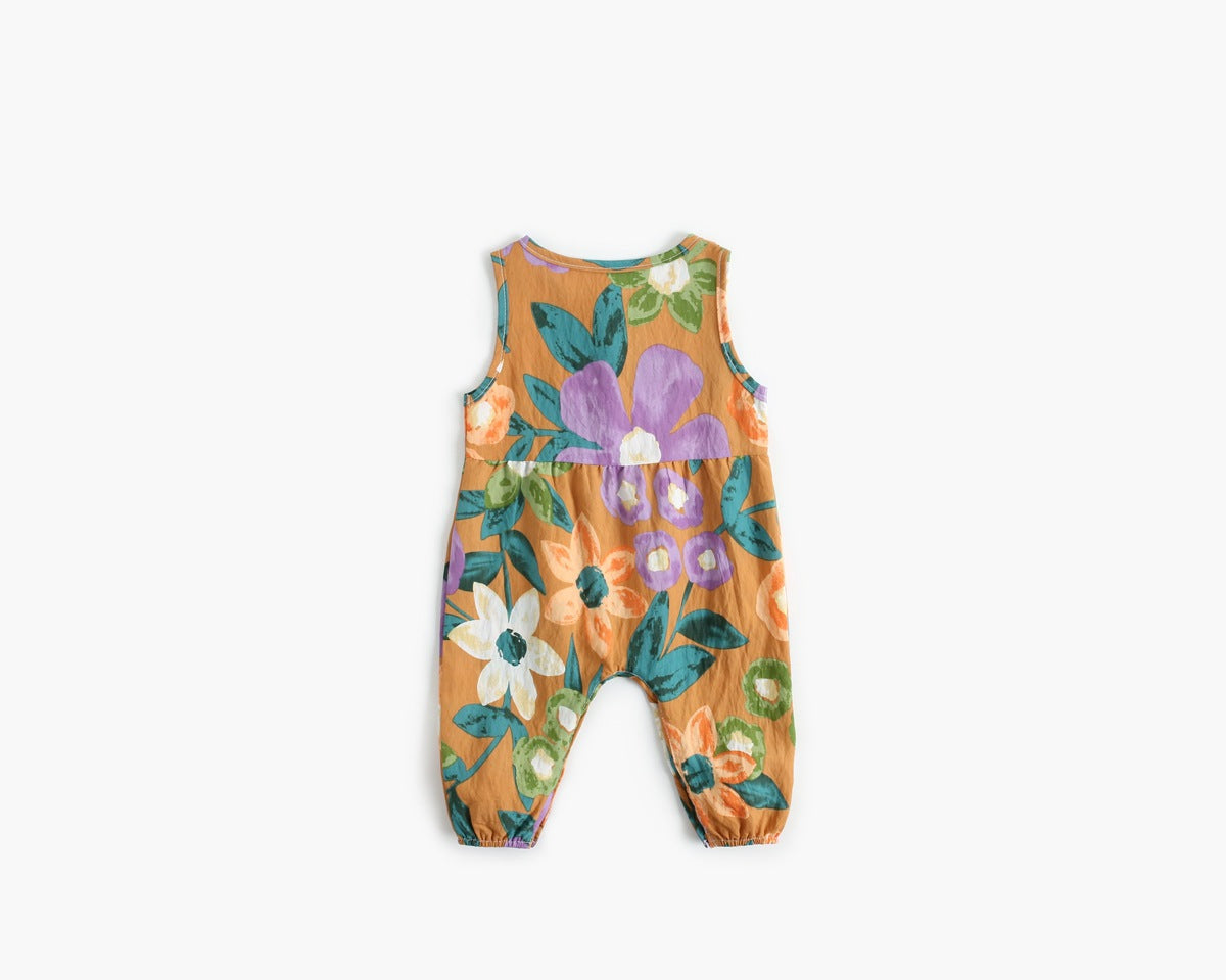 Baby Girl Floral Print Pattern Buttoned Design Sleeveless Rompers-12