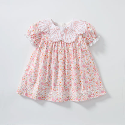 Baby Girl Short-Sleeved Floral Print Shell Shape Collar Pattern A Version Dress-0