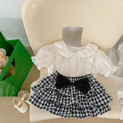 Baby Girl Solid Blouses Plaid Pattern Princess Skirt Sets-0