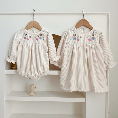 New Spring/Autumn Baby Onesies And Dress For Girls With Long Sleeves And Embroidered Flowers – Princess Sister Matching Set-0