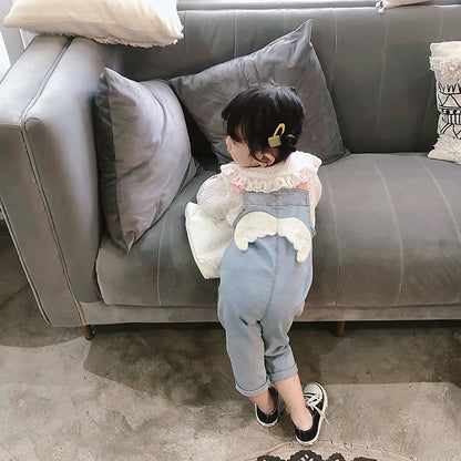 Baby Girl 3D Wing Patches Design Casual Denim Long Style Overall-0