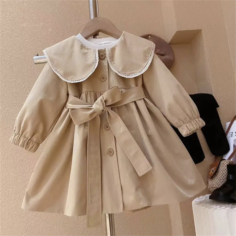 Baby Girls Peter Pan Neck Long Sleeved Khaki Single Breasted Dress With Belt-0