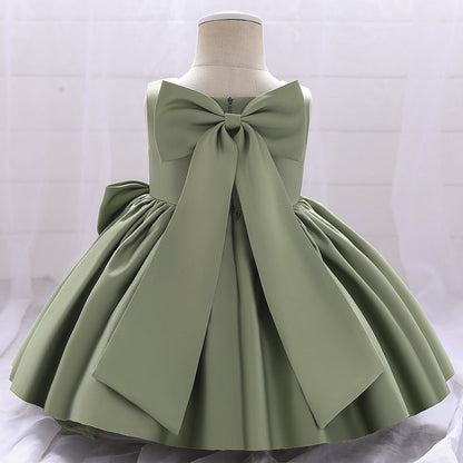 Baby Girl Solid Color Bow Patched Design Sleeveless Western Style Satin Dress-23