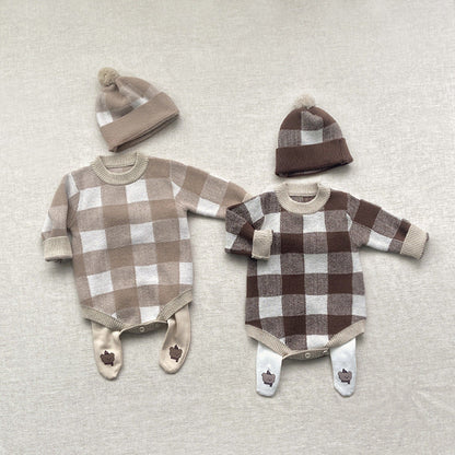 Baby Plaid Graphic Long Sleeve Crewneck Knit Thickened Onesies-9