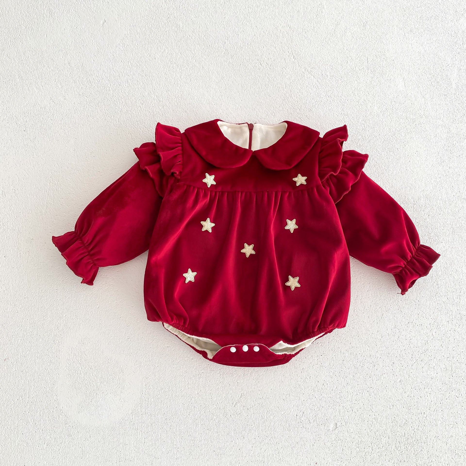 Newborn Baby Girls Peter Pan Collar Long Ruffle Sleeves Star Knitted Onesie-9