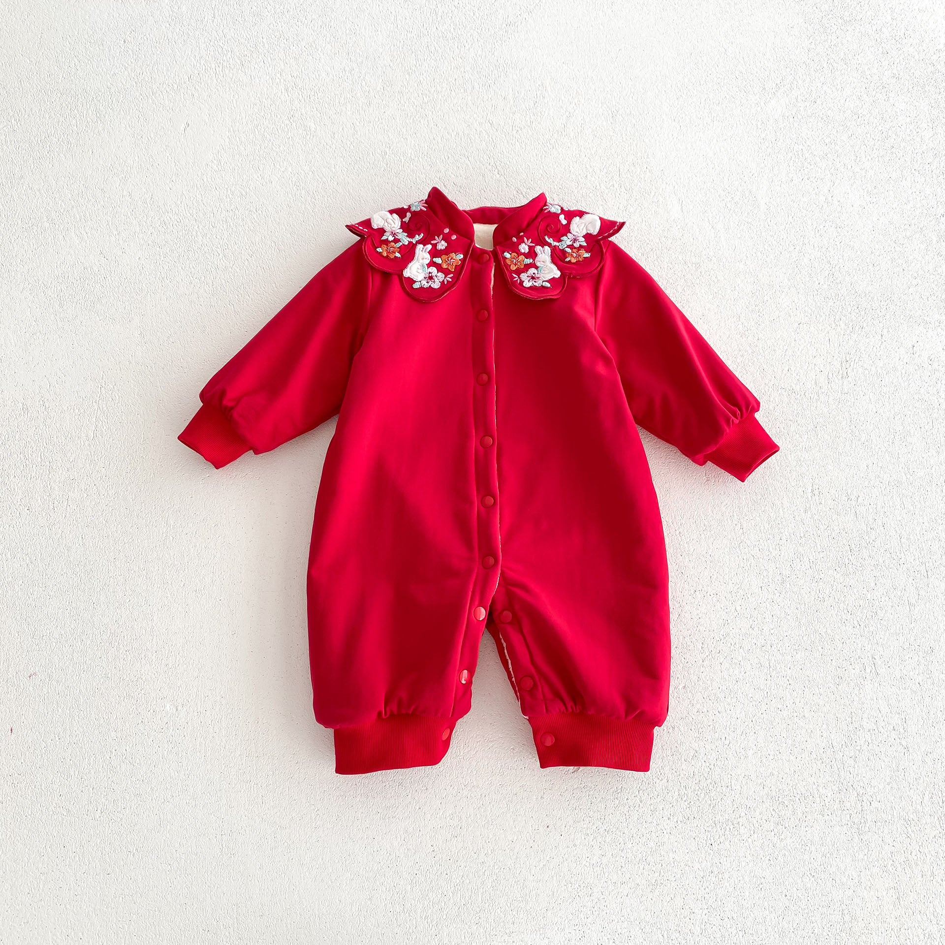 Infant Baby Girls Thick Warm Long Sleeve Rabbits Floral Knitted Round Collar Red Romper-9