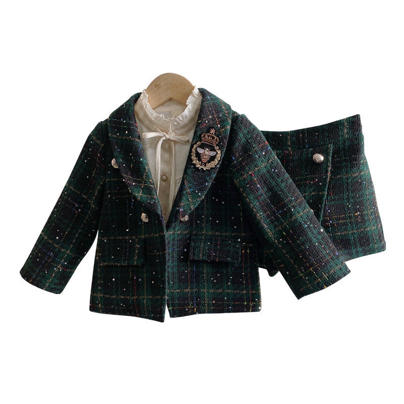 Girls Dark Green Plaid With Dots Open Front Cardigan&amp;Skirt Preppy Suits-0