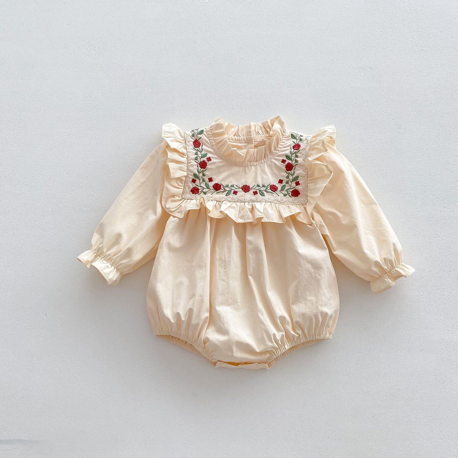 Infant Baby Girls Floral Embroidery Long Sleeve One Piece-0