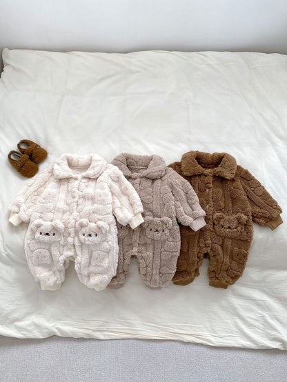 Winter Infant Baby Lovely Teddy Bear Cartoon Pattern Turndown Collar Thermal Pajamas Romper-0