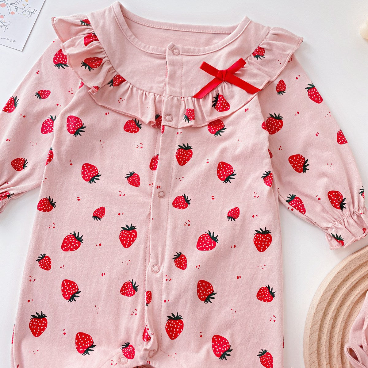 Baby Girl Allover Strawberries Pattern Ruffle Design Button Front Romper-10