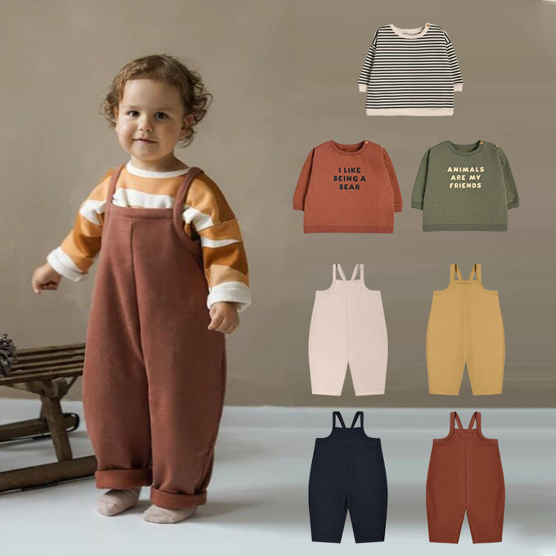 Baby Unisex Kids Cozy Crew Neck Long Sleeve Pullover And Solid Color Overalls For Clothing Set-0