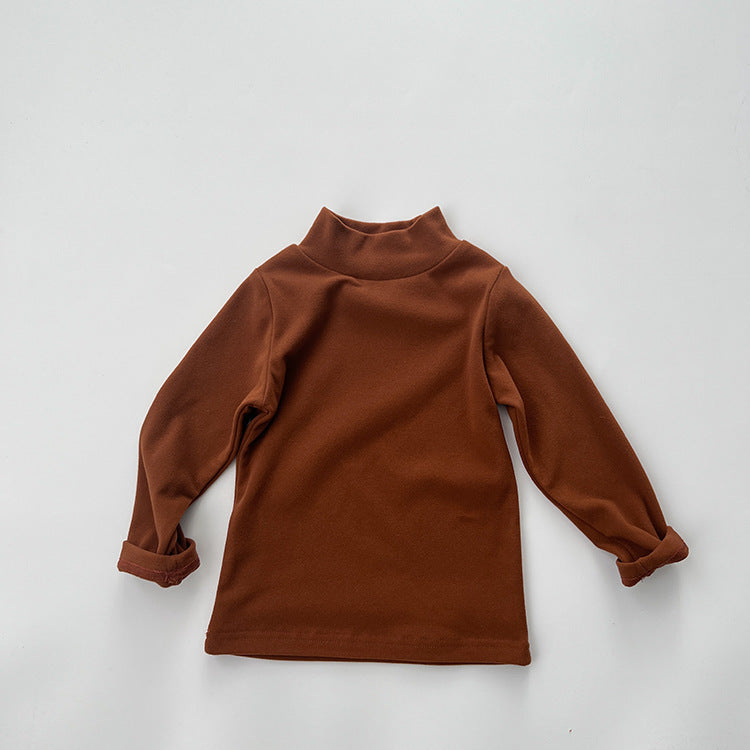 Baby Solid Color High Neck Long Sleeve Pullover Shirt Tops-9