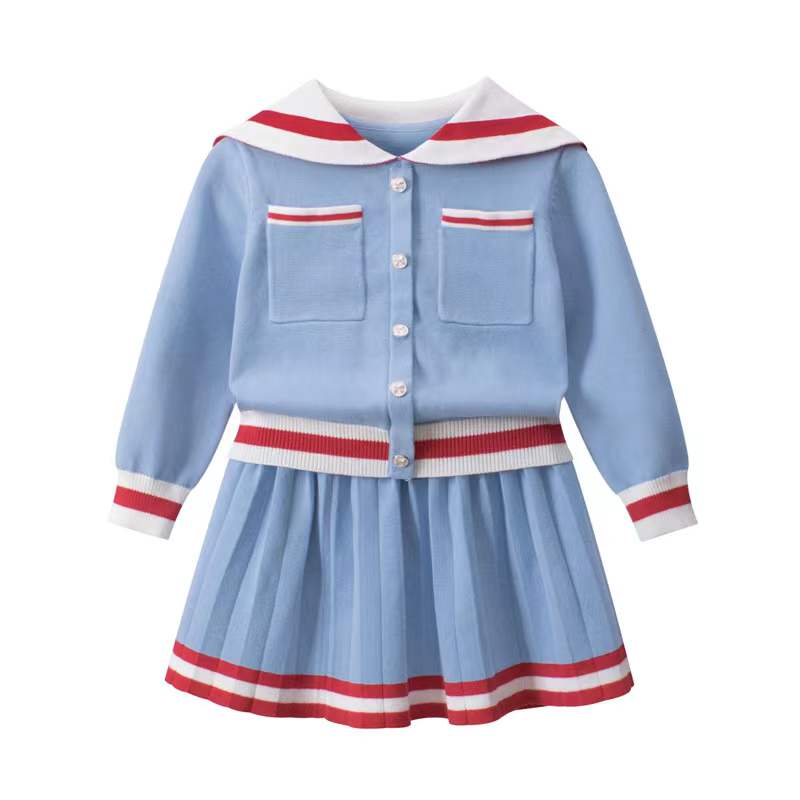 Girls Navy Collar Top Combo Skirt Knitwear Sets-0