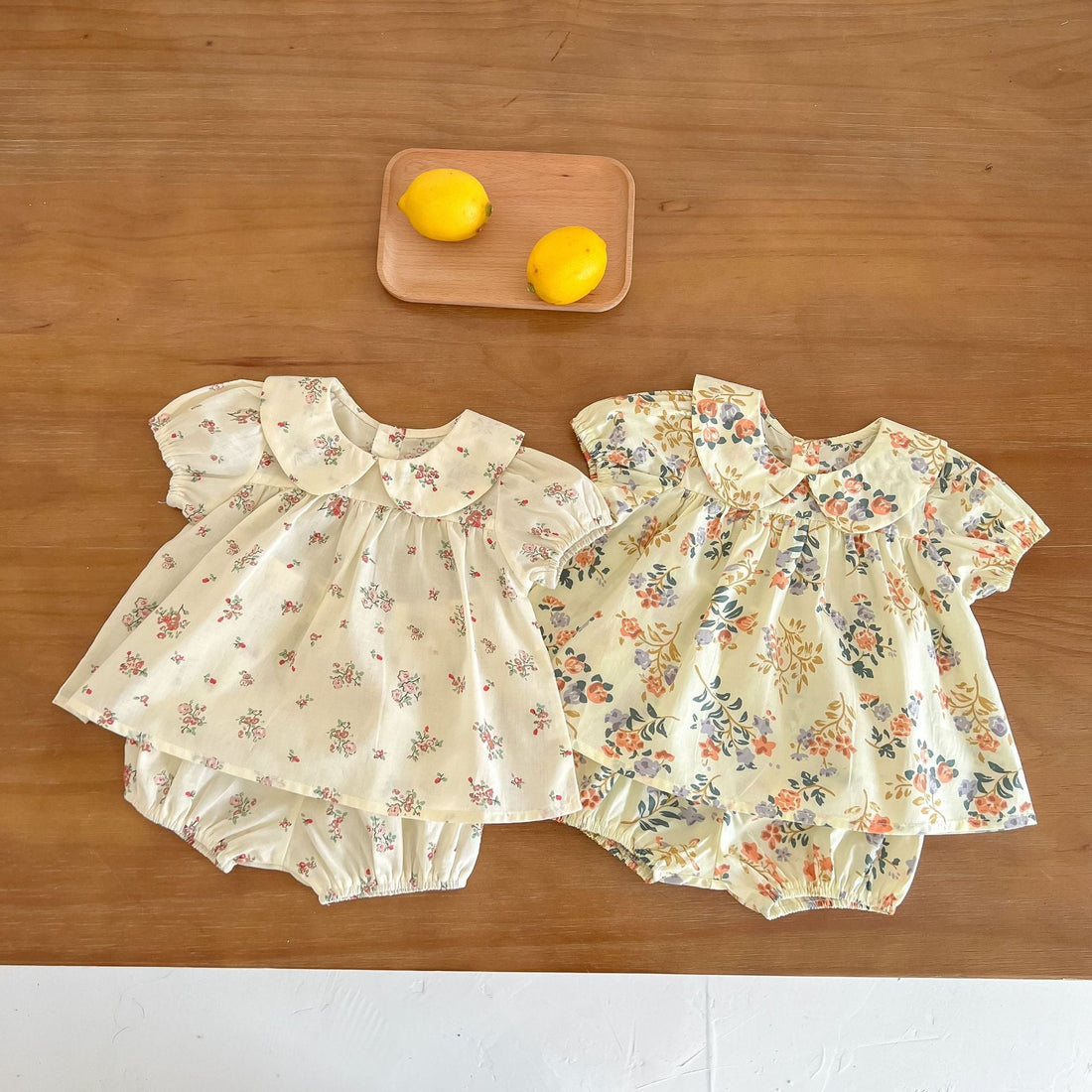 Baby Girl Floral Print Doll Collar Design Tops Combo Shorts Sets In Summer-0