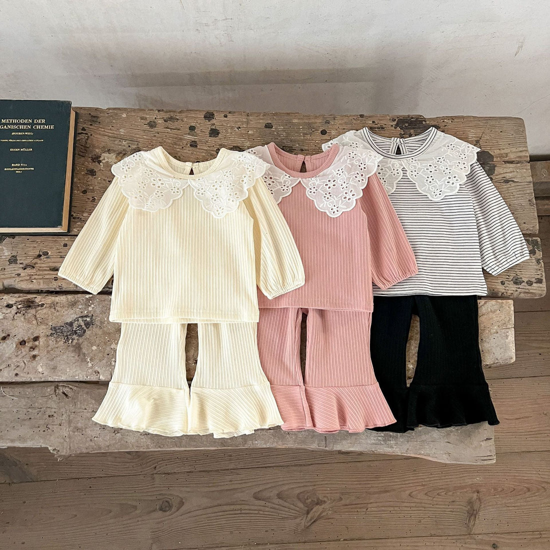 Spring Baby Kids Girls Hollow-Out Collar Top And Flared Pants Clothing Set-0