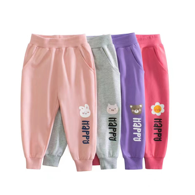 Baby Girl Cartoon Animal Graphic Solid Color Elastic Trousers-0