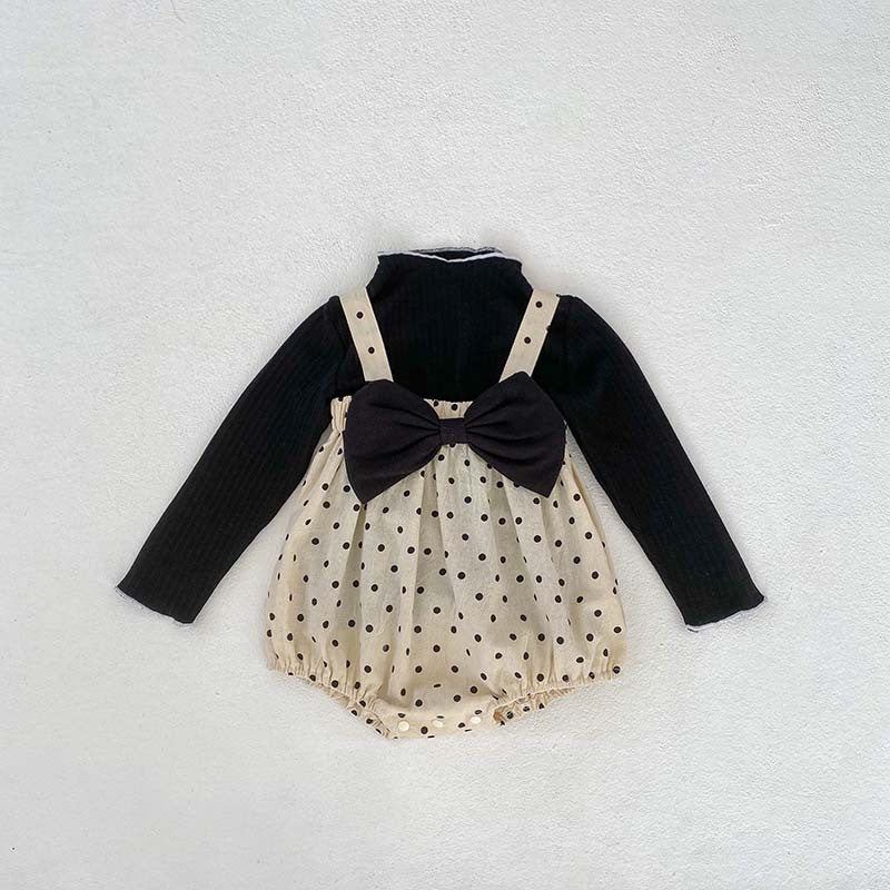 New Arrival For Spring/Autumn: Polka Dot Overall Onesies And Long Sleeve Base Layer Top Set-0