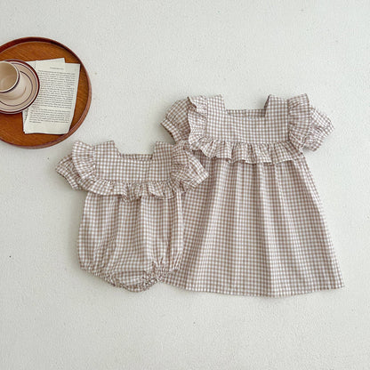 Baby Plaid Pattern Square Neck Puff Sleeves Onesies &amp; Dress-0