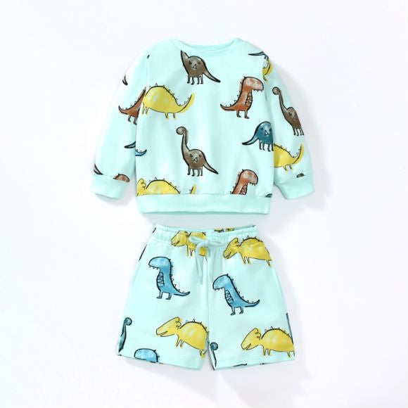 Baby Boy All Over Dinosaur Pattern Hoodie And Shorts Sets-0